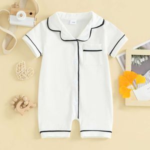 Visgogo baby pamas rompers Turn-down krage kort ärm Sleepwear-knappar Pocket spädbarnsömmar bodysuits L2405