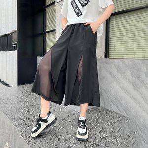 Women's Pants 230557 Solid Color Patchwork Gauze Loose Elastic Waist Show Thin Pocket 2024 Summer Casual Pleated Calf-length