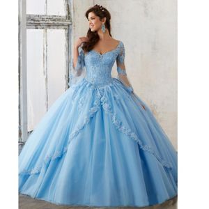 Abito da ballo blu a blu a manica lunga abiti Quinceanera Abiti V Neck Lace Appliques Long Prom Sweet 16 Prom Gowns Vestidos de Quinceanera 2858