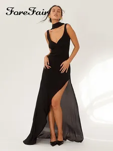 Lässige Kleider Vorrefair Sexy Club Maxi Schwarzes Kleid Mesh, obwohl V Hals Side Split 2024 Fashion Summer Women Gurt Elegantes Partykleid