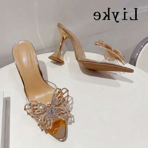 투명한 424 슬리퍼 Liyke PVC 여성 패션 모조 다이아몬드 보우 노트 여름 샌들 뾰족한 발가락 명확한 하이힐 파티 파티 5b3