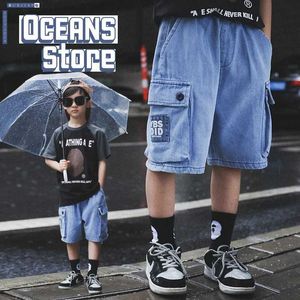 Shorts Childrens Pants 2024 Sommar Nya japanska män och barns arbetskläder jeans överdimensionerade och andningsbara 5-tums shorts för äldre Y240524