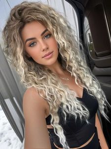 Synthetic Wigs Grey blonde wig combined with long curly wig suitable for women with fluffy hairstyle wave Ombre wig clothing carnival party regular curly wig Q240523