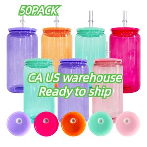 US warehouse Sublimation colored jelly transparent 16oz Borosilicate BPA free glass can with colored pp lids and straw for iced coffee, soda, Pop,5 colors mixed