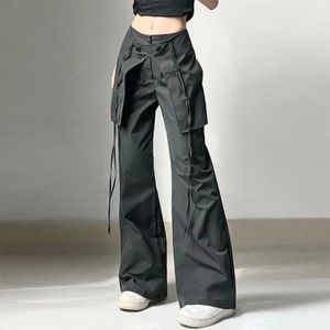 Длинные брюки Y2K Средняя талия Женщины свободные брюки с грузовыми брюками Удобный черный твердый цвет винтажные шнурки с большими карманами 240524
