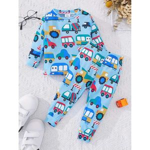 Comfortable Spring/Fall Baby Pama Set - Cute Car Print,Regular Fit, Stretch Knit Fabric for Cozy Casual Wear L2405