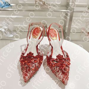 Rene Caovilla Red And White Gemstone Crystal Decorated Lace Woven Sandals Stiletto Women's Evening Dress Shoes 7.5-9.5cm Serpentine Surround Designer Women's Heels