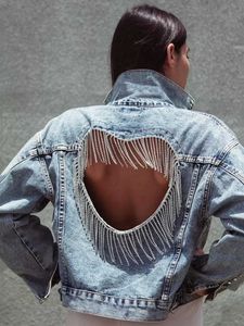 Women's Jackets Denim Jacket Female Light Blue Diamond Tassel Coat Single-Breasted Open Back Women Jeans Coat 2023 Autumn Fashion New Clothing T240523