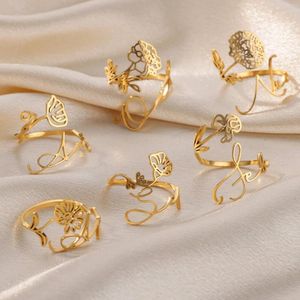 Klusterringar födelsemånad för kvinnor guldpläterad justerbar rostfritt stål blomster ring vintage blommig estetiska smycken anillos mujer