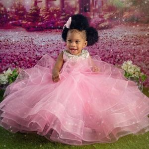 2024 Pink Flower Girl Dresses Children Birthday Dress Illusion Sheer Neck Appliqued Beads Lace Rhinestones Tiered Tulle Princess Ball Gown For Marriage F116