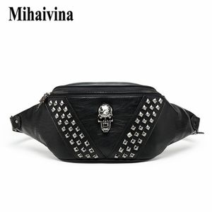 Mihaivina Punk Rivet Skull Men Bag Women Women Black Fanny Pack in pelle Scetta femmina Spalla Messenger Bum S 220216 2639