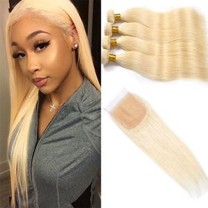 Malezyjskie przedłużanie Virgin Hair 8-30 cala blondynka 613 4 pakiety z 4x4 koronkowe zamykanie ludzkie włosy wątki z zamykaniem włosów dla niemowląt fphlo