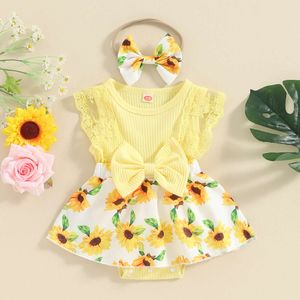 0-18m schöne Baby Girls Sommer süße Strampler Spitze Fliegenhülle Blumendruck Patchwork Kleid und Stirnband