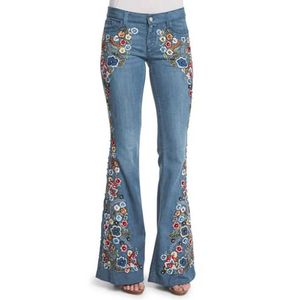 Women's Jeans Strtwear Jeans Long Pants Denim Embroidery Destoryed Flare Jeans Button Waist Bell Bottom Denim Pants 90s Vintage Clothes T240523