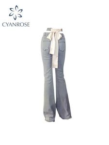 Kvinnors jeans y2k blå flash jeans e flickor stil sexig ihålig elastisk bandage byxor 2022 nya kvinnors hög midja harajuku golvbyxor q240523