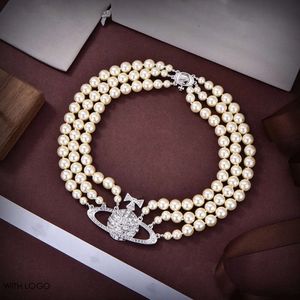 Kvinnor Saturn Designer Pearl Viviane Choker Pendant Chain Crystal Gold Plated Brass Copper Halsband smycken Westwood Accessor