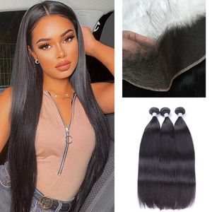 Brazilian Human Hair Wefts With 13*4 Lace Frontal HD Silky Straight 4 Pcs/lot Bundles With Frontals Natural Color Fwauw