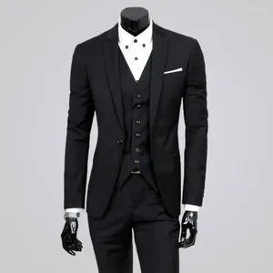 Men's Suits 3 Pcs/Set Great Business Suit Wear-resistant Men Set Sleeveless Waistcoat Solid Color Formal Slim Fit