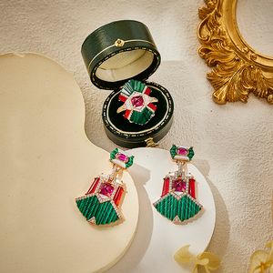 Designer Collection Style Women Lady Jewelry Sets Settings Pink Cubic Zircon Diamond Malachite Fan-Shaped Plated Gold Earrings Ring