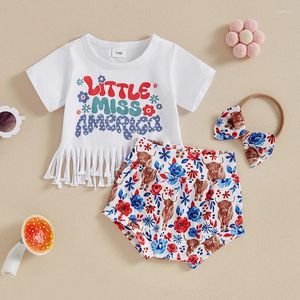 Kleidungssets Fokusnorm 0-3y schöne Mädchen Sommerkleidung Set 3pcs Buchstaben Druck Quasten Kurzarm T-Shirt und Kuhblumenshorts