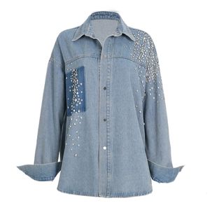 Moda denim ceket bluzu kadınlar için seksi gündelik sokak giyim artı boyutu rhinestone denim ceket vintage sonbahar üst 240131