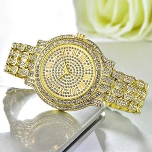 Rostfritt stål män kvinnor tittar på mode glänsande full diamant datum kvarts titta unisex armbandsur bing bling höft höft armbandsur guld s 2419