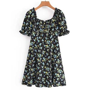 Basic Casual Dresses Women Swt Floral Printed Mini Dress Square Collar Butterfly Short Slve Dresses Ladies Casual A Line Dress Y240524