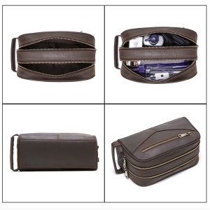 Vintage Crazy Horse Leather men cosmetic Case makeup bag travel toiletry hand-held make up wash bags Double Zipper man organizer