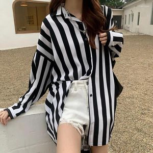 Women's Polos Crescent City Black And White Vertical Stripes Shirt Summer 2024 Korean Style Loose Thin Mid-Length Long Sleeve