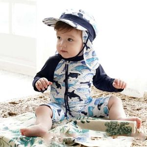 Jednoczęściowe jednoczęściowe kostiuch kąpielowy dla dzieci dziecięcego kostiumu kąpielowego z czapką UV Protection Shark Print Swimsuit WX5.23