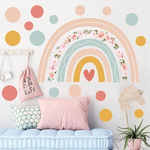 Large Rainbow Flower Wall Stickers Boho Polka Dots Wall Decal Vinyl For Room Kids Nursery Playroom Classroom Wall Decor