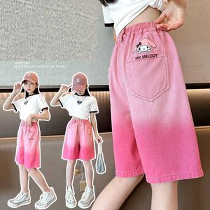 Shorts Korean Style Kids Girls Jeans Shorts Pink Gradient Knee Length Denim Shorts Girls Thin Tie Dye Pink Pants for 5-15 Years Y240524