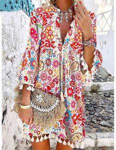 Basic Casual Dresses 2021 Daisy Print Bohemian Women Dress Burretfly Thr Quarter Slve Loose Waist Placket Lace Up Tassel Lady Dresses T240523