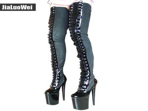 20 cm High Heel+9cm Platform High Boots Women Cross-bundna Sexiga fetischstövlar Glänsande över knälåret High Boot Man Cosplay Shoes5876172