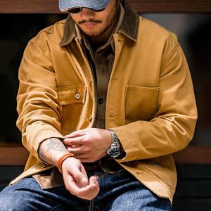 Мужские куртки маденом в тяжелом весе в тяжелом весе в Мичигане рукава много карманного флип -флип -воротника Canvas Hunt Jacket Mens 2023 Осень Амекаджи свободное пальто Q240523
