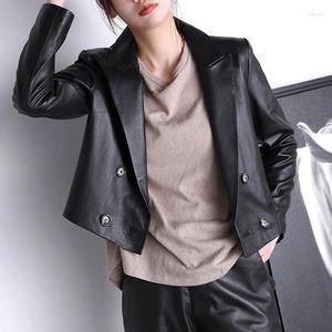 Women's Leather 2024 Genuine Lambskin Double Breasted Short Sleeve Fashion Suit Coat Jacket Top For Women