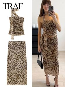 Vestidos de trabalho Mulheres vintage tule leopardo impresso Midi Skiot Conjuntos 2024 fêmeas 2 peças Moda espartilhos Top Lady Shairts