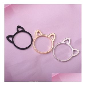Band Rings Women 925 Sier Simple Cute Cat Ear Design Finger Ring Black Gold Plated Jewelry Gift Delivery Otqgo