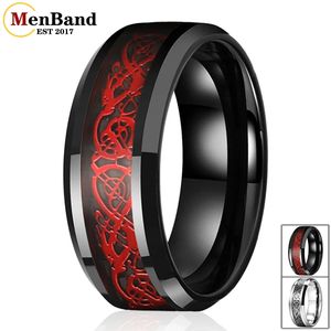 Menband Fashion 8mm Men Kvinnor Tungsten Carbide Wedding Ring With Black Carbon Fiber och Red Dragon Inlay Comfort Fit storlek 5-15 240522