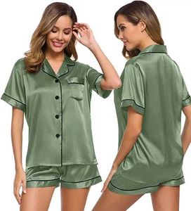 Женская одежда для сна атласная пижама женская короткая Slpwear Slpwear мягкая шелковая кнопка вниз по лаундж-одежде PJS Шорты S-XXL T240523