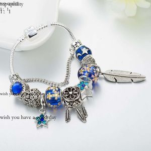 Pandorabracelet gränsöverskridande populära blå legering stora hål pärlstav armband designer smycken europeiska och amerikansk retro fjäderhänge, dröm catcher 982