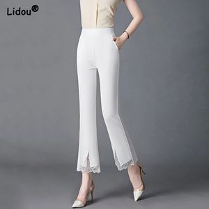 Office Lady Lace Patchwork White Elastic Waist Boot Cut Pants Summer Solid Color Wild ity Comfortable Women Clothing 240524