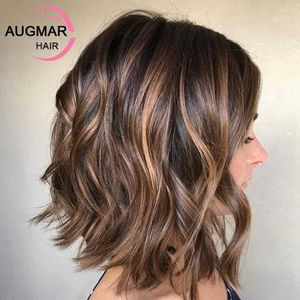 Syntetiska peruker kortvågblond högglans peruk mänsklig hår peruk ombre 13x4 brun spets front peruk brasiliansk remi bob 360 13x6 högdefinition spets front peruk q240523