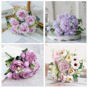 1 bukiet fioletowe sztuczne kwiaty piwonia herbata róża jesienna jedwabna sztuczne kwiaty na majsterkowanie salonu domowe dekoracja ślubna ogrodowa