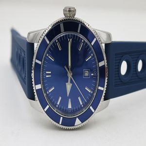 Fin kvalitet Automatisk mekanisk arv 46 Titta på Blue Dial Watch Silver Rubber Belt Siliver Case Men's Wristwatch 185f
