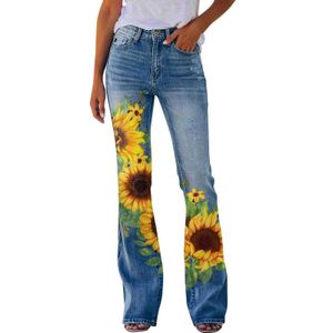 Jeans femminile di girasole stampare jeans pantaloni in denim retrò per donne sciolte strtwear harajuku casual a campana dritta pantaloni svasati t240523