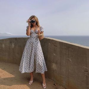 Summer 2024 womens square neckline long skirt with floral pleated edge bandage split style dress bubble sleeve dress floral extra long 240523