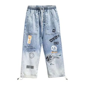 YOA Autumn New Letter Printed Jeans Men's Fashion Brand Loose Cartoon Graffiti Tie Feet ins Drawstring Pants