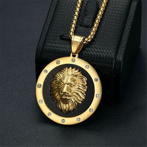 14k Gold Lion Head Pendand Kette Golden Eceed Out Bling Round Tiere Halskette für Männer Hip Hop Schmuck Schmuck