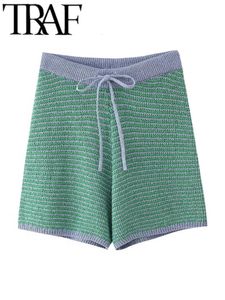 TRAF GAL Summer Striped Knitted Women Shorts Drawstring Elastic High Waisted Patchwork Female Extreme Short Pants Y2K 240518